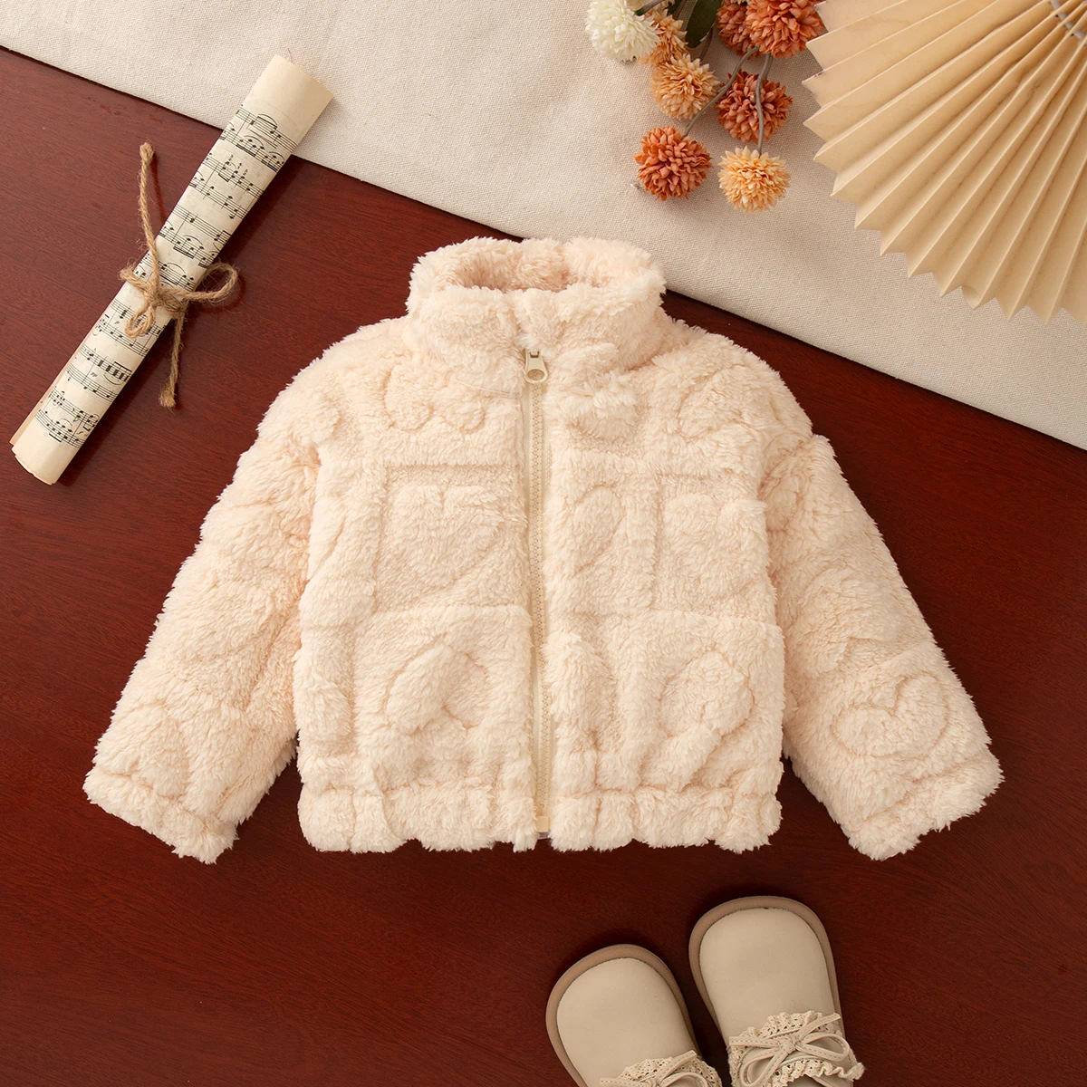 Baby Winter Clothes Solid Color Bear Pattern Mid-Collar Lambswool Girls Outerwear Cute Warm Baby Girl Coat