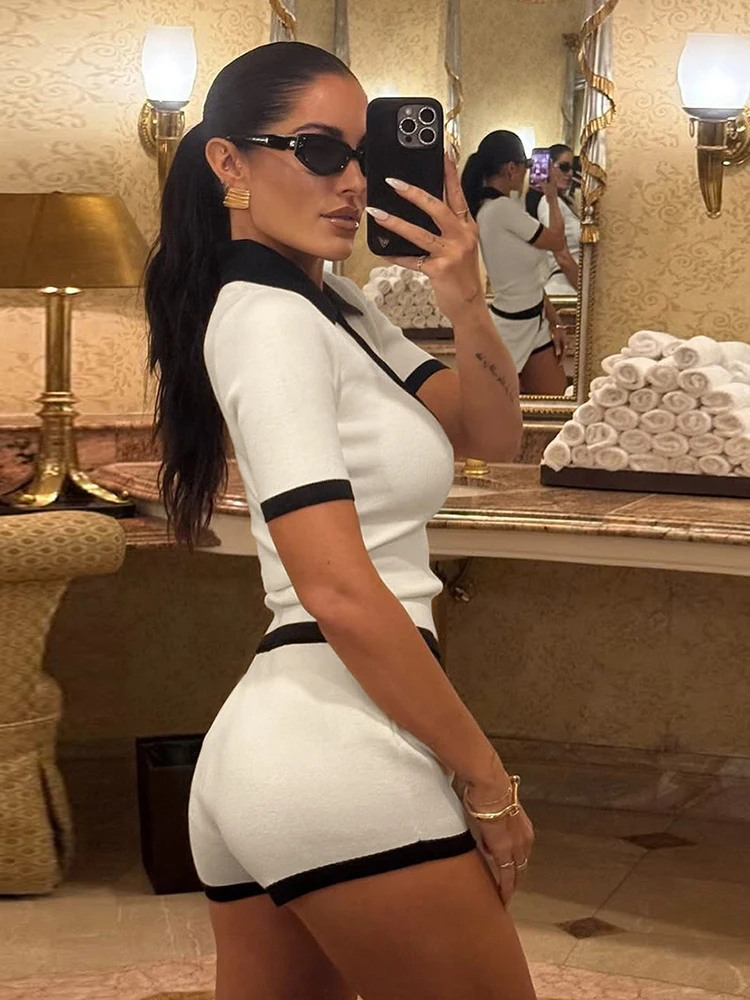 

InGrily, летний повседневный комплект из 2 предметов, женский спортивный костюм, хипстерский укороченный топ с воротником-поло + шорты на пуговицах, одинаковая узкая эластичная уличная одежда