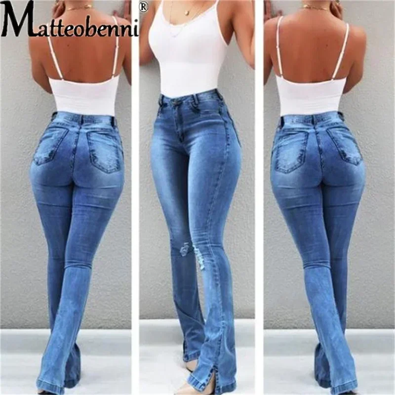 Women Casual Flared Jeans Fashion Sexy Skinny Split Leg Open Streetwear Fray Hole Stretch High Waist Blue Washing Denim Pants