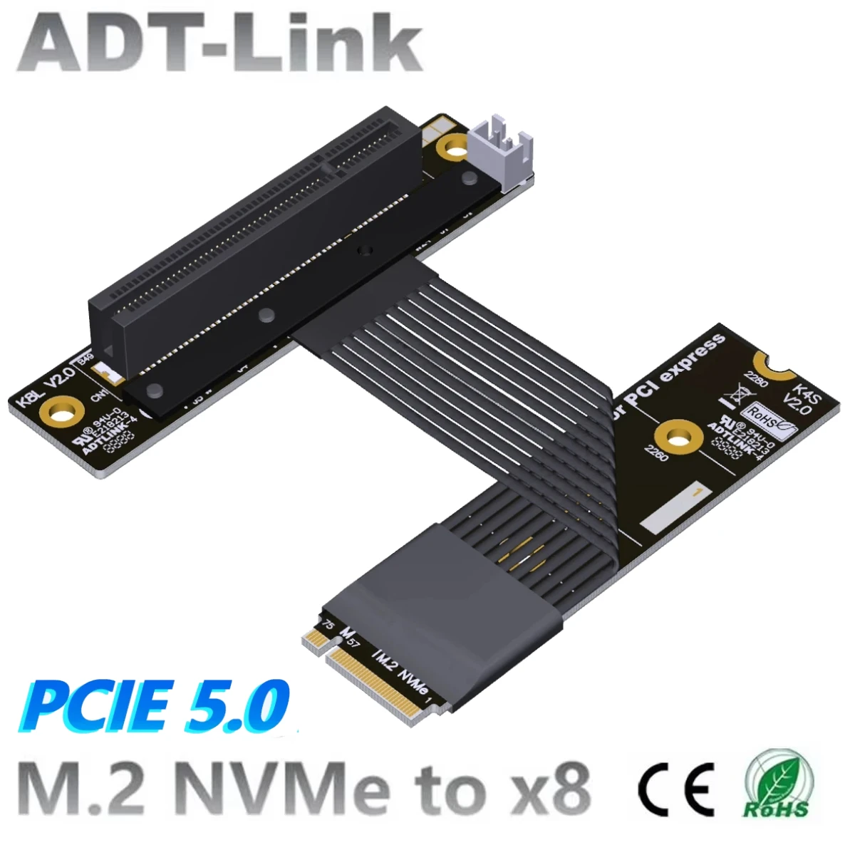 

ADT Gen5.0 M.2 NGFF NVMe to PCI-Express 5.0 x8 Riser Cable STX Gpu Adapter PCI-e x8 LAN, RAID SSD Cards to M.2(ultra SSD, M-key)