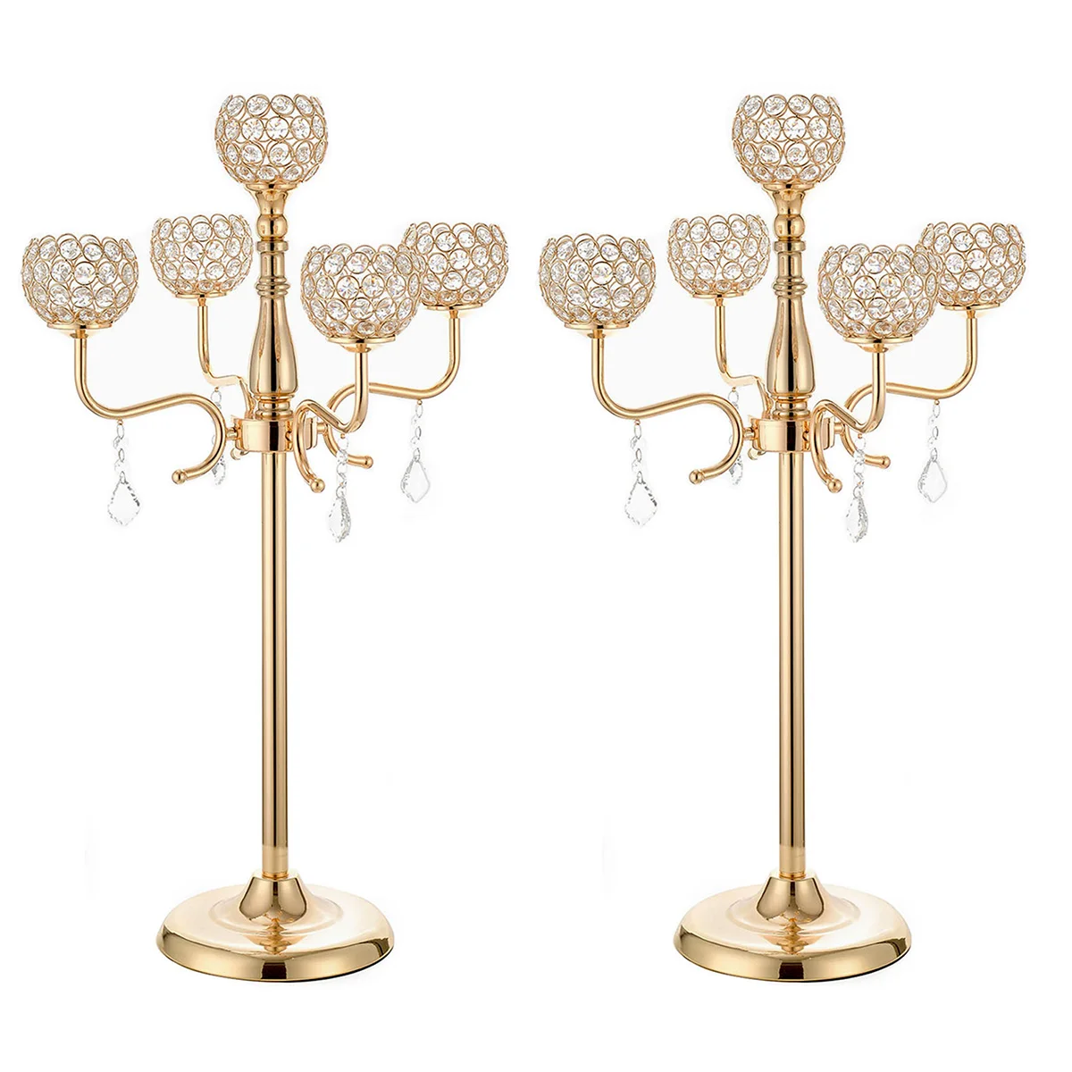 5 Arms Gold Candle Holder,Crystal Candelabra Centerpiece with Crystal Drops for Dinner Party Anniversary Celebration and Wedding