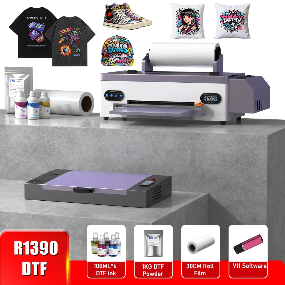 

Принтер DTF R1390 A3 для прямой печати на пленке, машина для печати на футболках A3 с печью DTF для всех видов тканей и одежды.