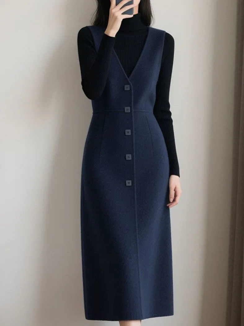 knee length vest dress Elegant Blue Sleeveless Women's Knee-Length Slimming Autumn Winter Fashion Set Long Sleeve Midi Dress for Adults Launchdate:2025-02-24
