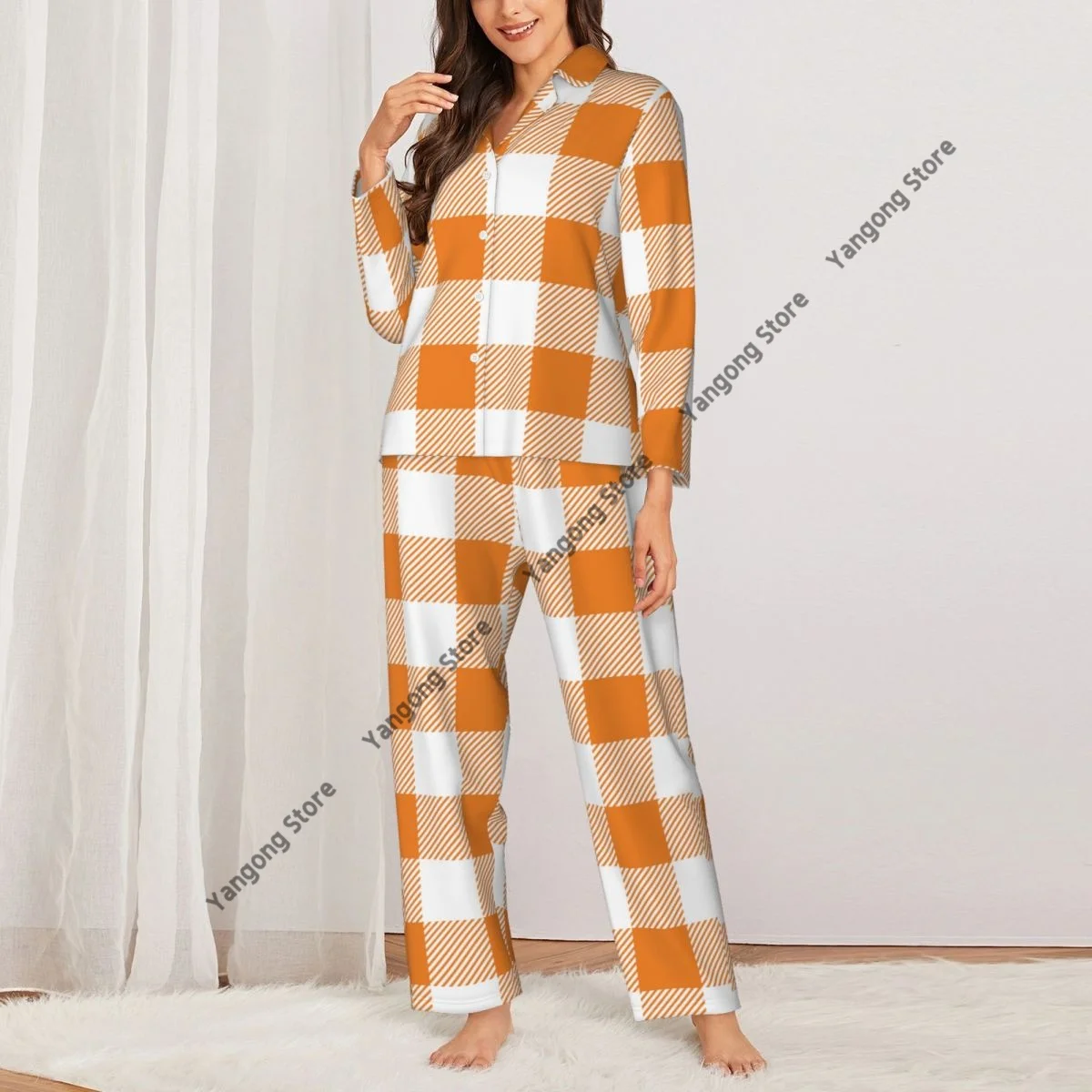 Women Sleepwear Loungewear Orange White Buffalo Check Plaid Long Sleeve Lapel Neck Shirt and Elastic Waist Pants Pajamas Set