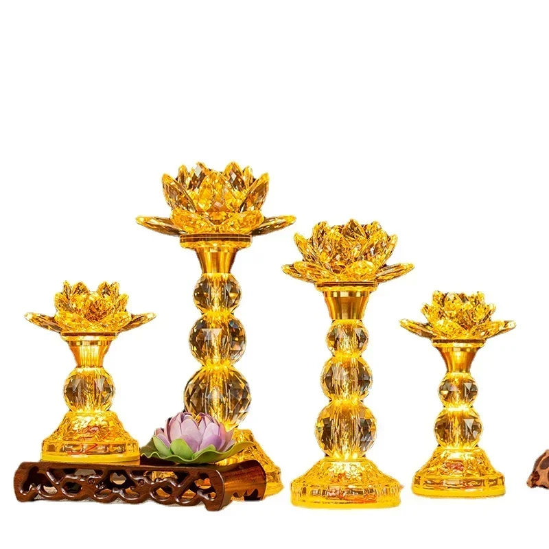 

2 Pcs Crystal Lotus Simulated candlestick Buddhist Hall Utensils Pray for Auspiciousness Temple Sacrifice Home Decoration