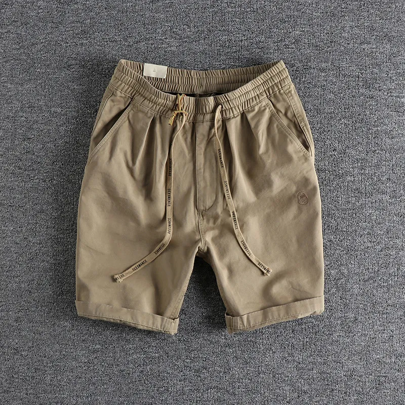 558# Summer New American Retro Woven Twill Casual Shorts Men's 100% Cotton Elastic Waist Drawstring Loose Straight 5-point Pants