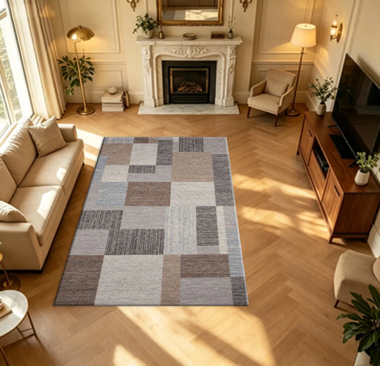 Modern Patchwork Block Plaid Carpet Flooring Neutral Brown Grey Blue Tone Textured Household Living Room Area Rug
