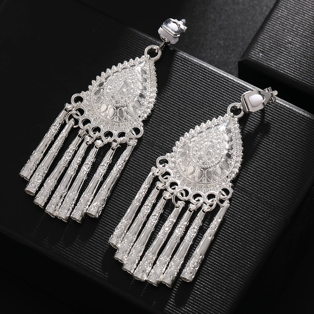 Vintage Ethnic Metal Tassel Clip on Earrings for Women Bohemian Geometric Water Drop Dangle Earring Female Jewelry Gift