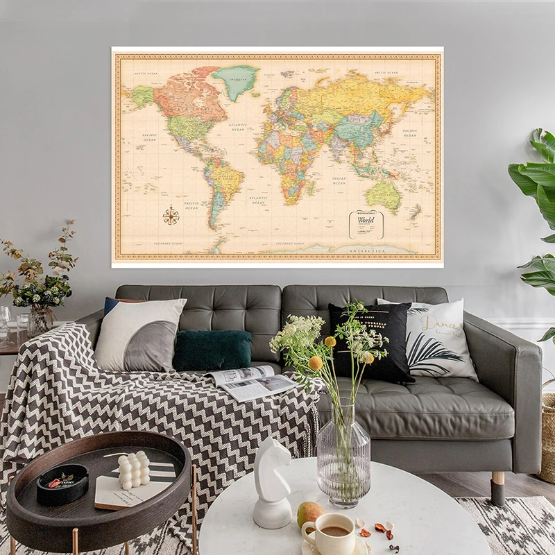 The World Map Classic Edition Vinyl Spray Map Decorative Hanging Picture Poster Prints for School Home Office Supplies 120x80cm