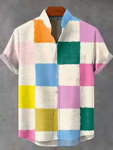 Hawaiian Men's Short Sleeve Shirt 3D Grid Printed Casual Fashion Button Flap Top Comfortable Breathable