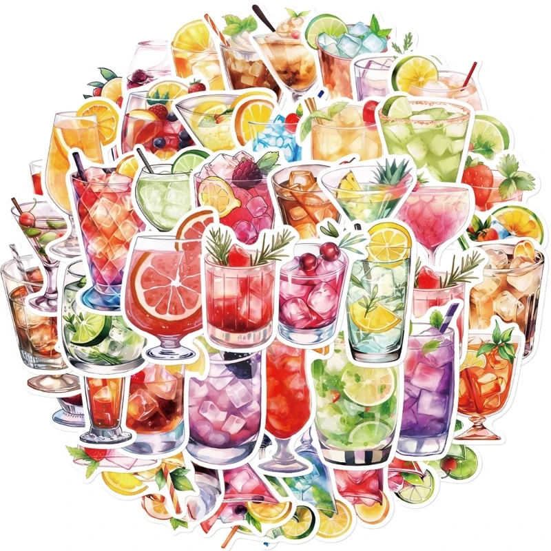 D5BB Pack Of 50 Cocktail Theme Waterproof Sticker PVC Decorative Paster For Bicycles Helmets Luggage DIY Projects