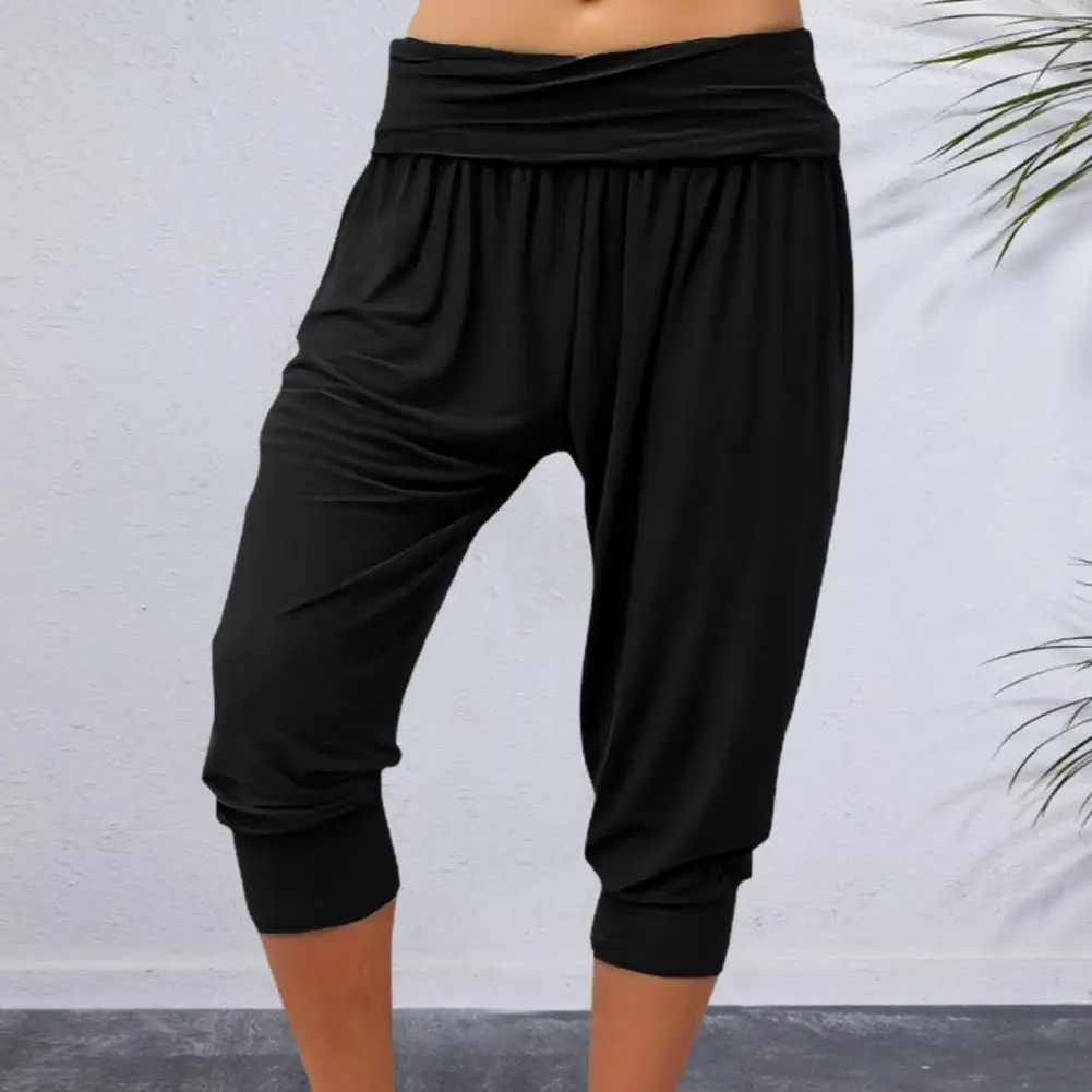 Calça esportiva casual feminina, elegante calça recortada, elástico, cintura alta, ajuste solto, ioga