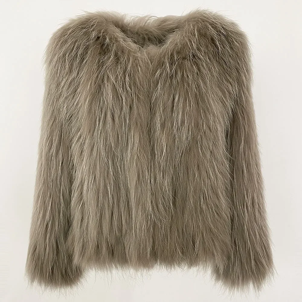 Winter Real Raccoon Fur Coat Women Double-side Knitted Thicken Natural Fur Jacket Long Sleeve V-neck Winter Coat Women