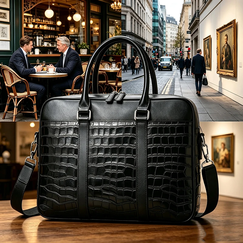 

100% Genuine Leather Men's Briefcases Laptop Handbag Cowhide Men Business Crossbody BagShoulder Bags for Men Bag crocodile grain