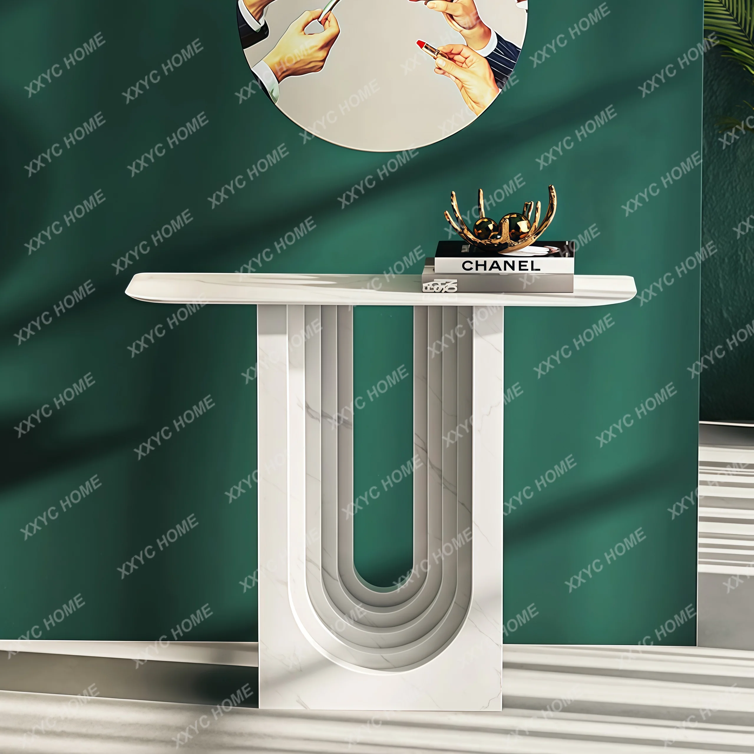 Minimalist secret cabinet living room modern light luxury imitation marble wall decoration table rock slab entry end view table