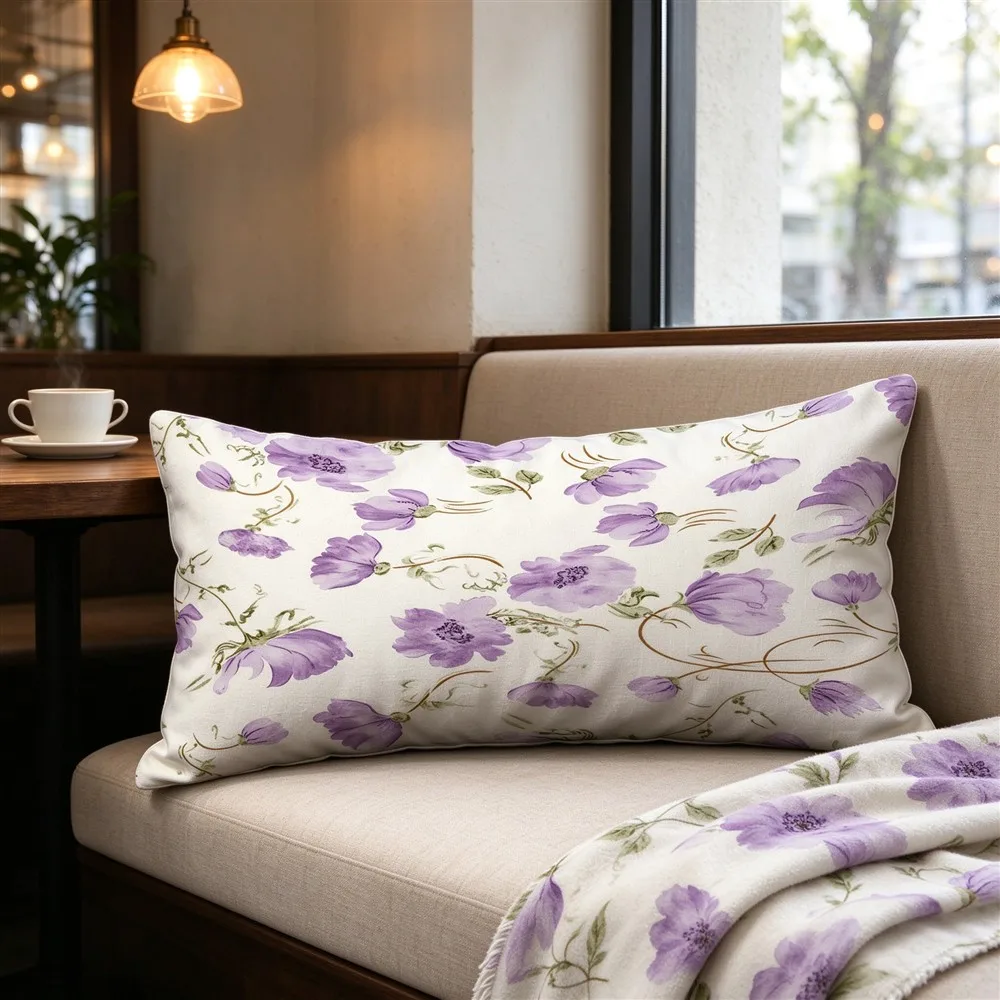 Lilac Pink Lavender Bloom Print Long Pillow Cover, Dreamy Style, Cafe Decorative, Polyester, Floor Pillow, Colorfast, Chic