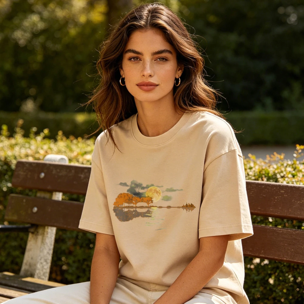 Unisex Moonlit Lake Reflection Nature Graphic T-Shirt Men Women Vintage Sunset Moon Water Art Tee Casual Cotton Short Sleeve