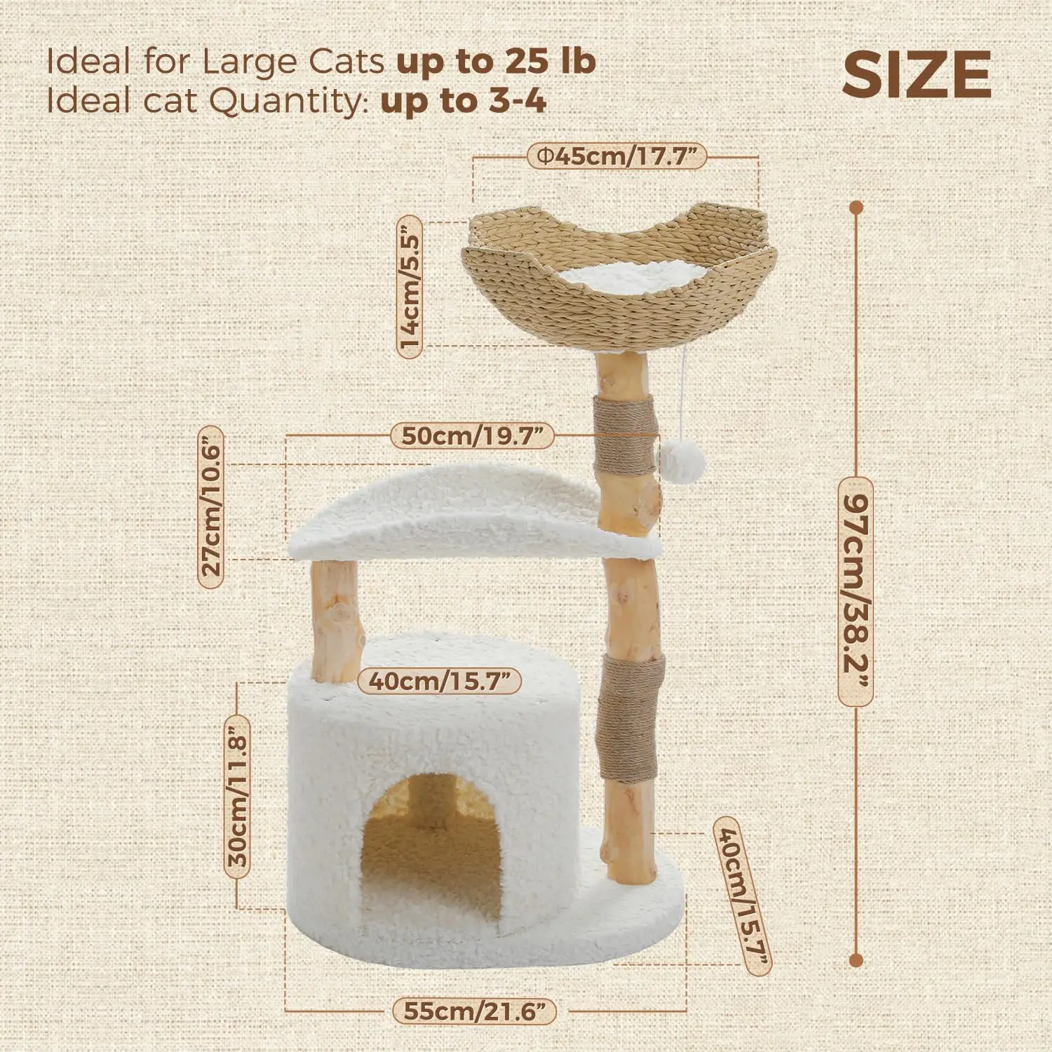 Modern Cat Tree for Large Cats,Natural Wood Cat Tower with Large Wicker Basket, Spacious Condo and Curved Platform