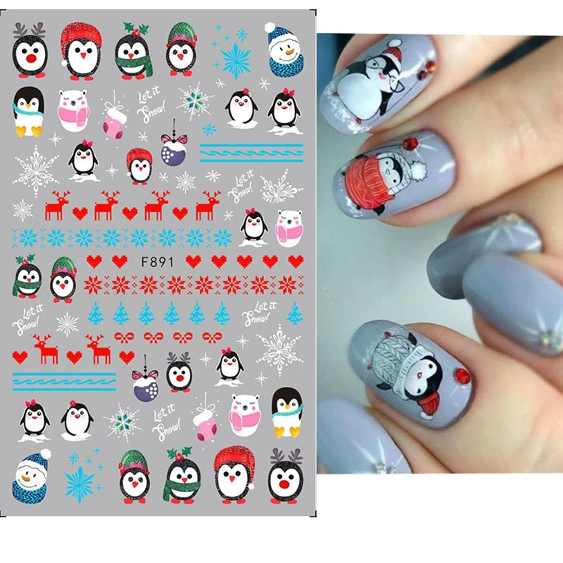 1PCS 3D Santa Claus Cartoon Nail Stickers Christmas Penguin/Elk/Snowman/Bird Adhesive Sliders Winter Xmas Decals Manicure Decor