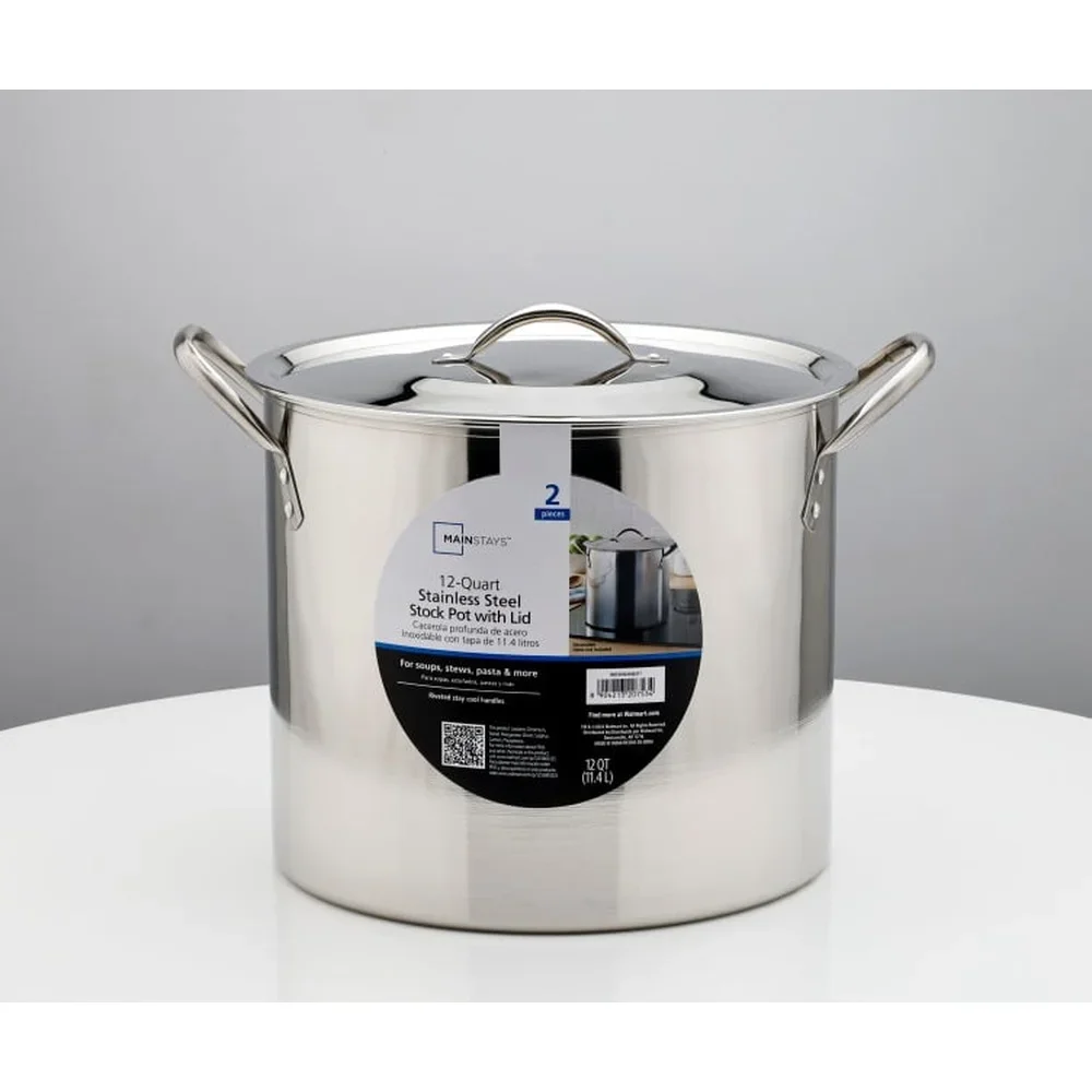 12 Quart Stainless Steel Stock Pot with Metal Lid Stay Cool Handles Heavy Duty Cookware Soup Stew Boiling Ideal Kitchens
