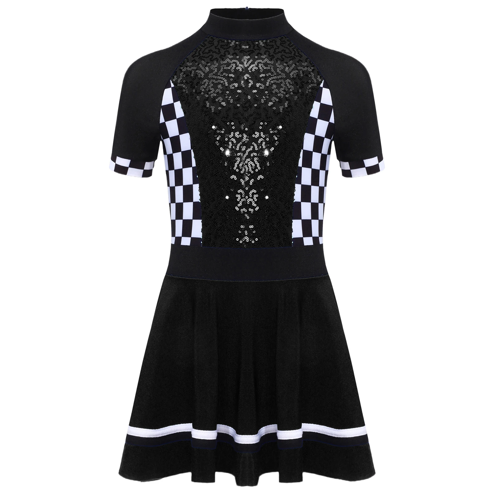 Girls Racing Driver Dance Fancy Dress Up Costume Checkerboard Sequins Tutu Dress Racing Driver Party Cheer Halloween Costumes