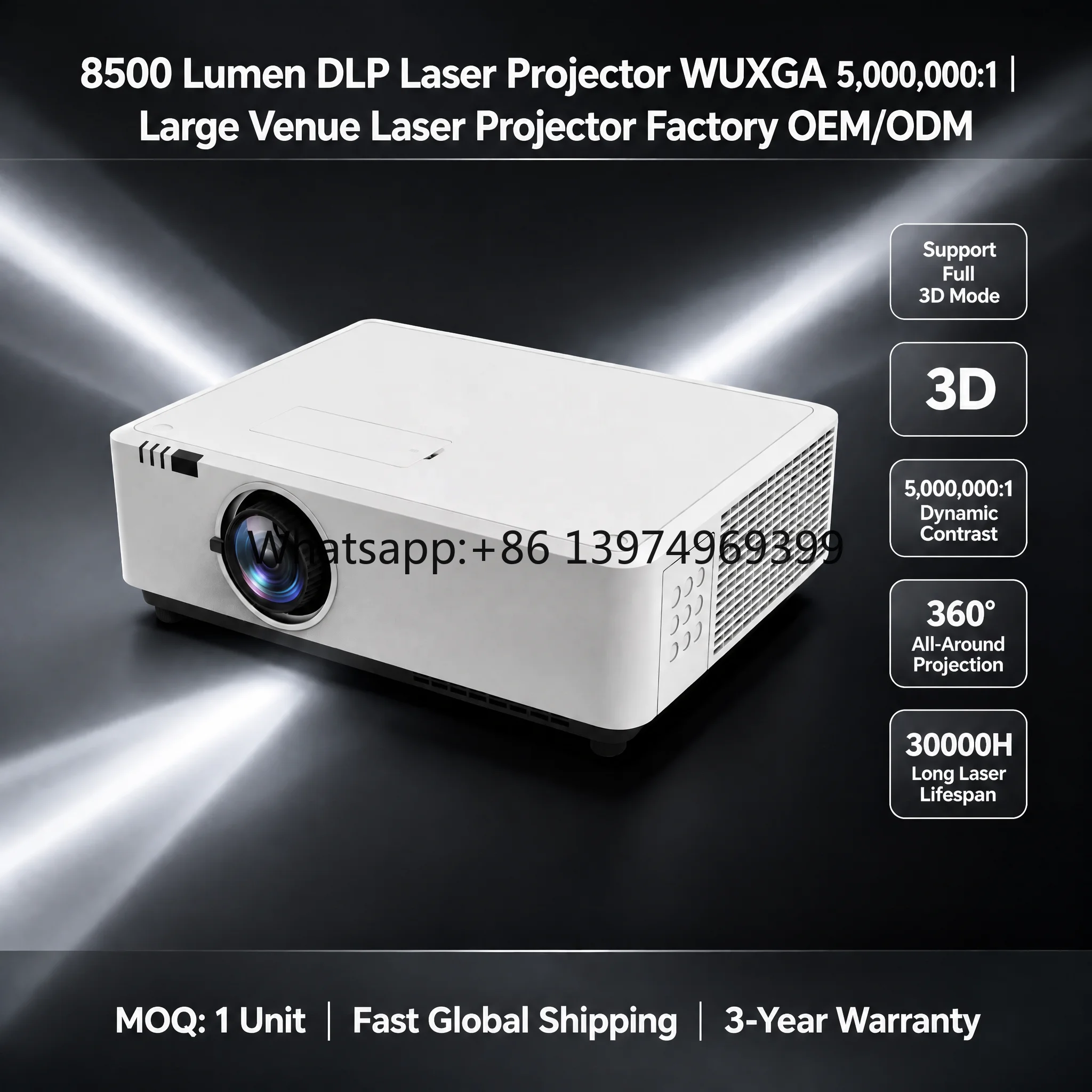 8500 Lumen 3D Mapping Projector, High Brightness DLP Laser Video Projector WUXGA for Building Light Show & Outdoor Event