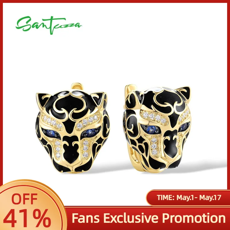 

SANTUZZA Real 925 Sterling Silver Black Leopard Earrings For Women Green Spinel Enamel Neutral Style Animal Party Fine Jewelry