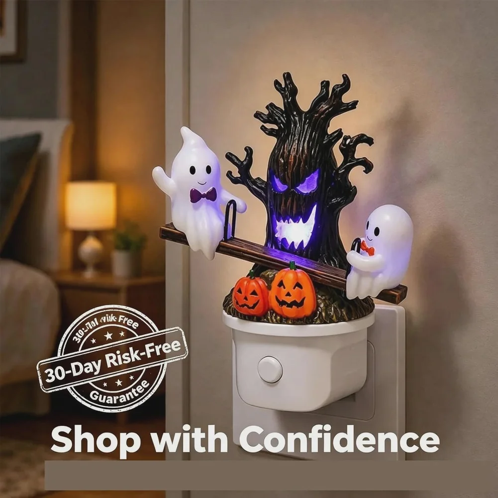 Spooky Animated Seesaw Night Light for Halloween Decor Featuring Gentle Glow and Artistic Cartoon Design Resin Figurine 17cm