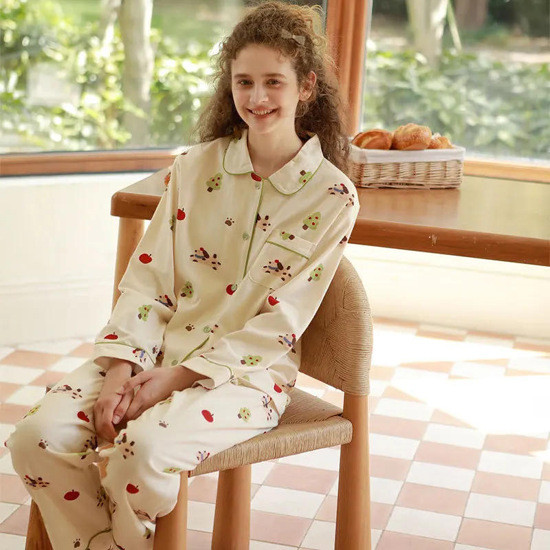 طقم بيجامة عيد الميلاد اللطيف للنساء ملابس نوم دافئة من الفلانيل مع طباعة كاواي بير أبل ملابس شتوية مريحة بأكمام طويلة ملابس منزلية #2