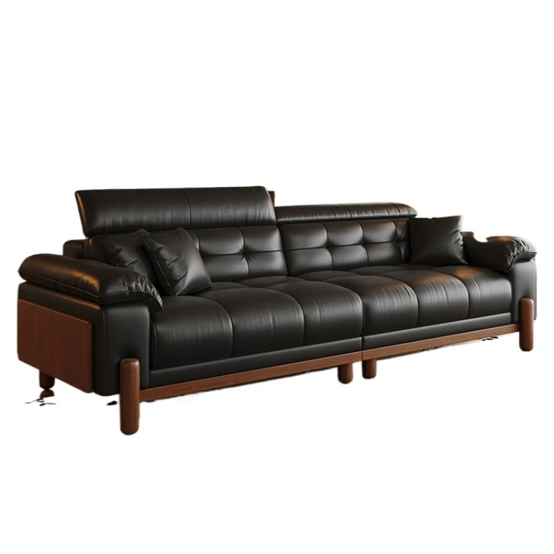 

Italian minimalist retro leather sofa, adjustable high backrest living room small apartment solid wood straight row