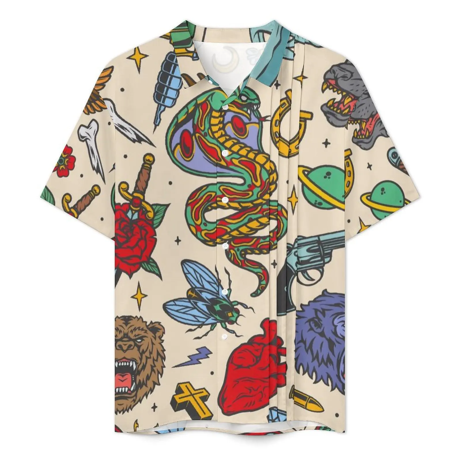 Vintage Tattoos Hawaiian Shirt For Men Vacation Animal Head Bear Bullet Casual Shirts Street Style Elegant Plus Size  Blouses