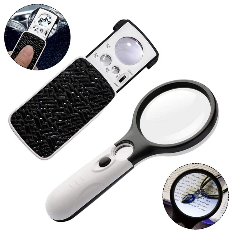 2 Pcs LED Light Appreciation Reading Magnifying Glass High Power Handheld Magnifying Glass 75Mm Mirror Magnifying Glass