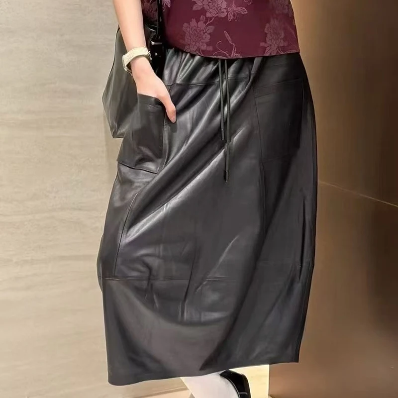 Genuine Leather Skirt Autumn Fashion New Women Vegetable Tanned Sheepskin Elastic Waist Drawstring Coffee Long Flower Bud Skirts