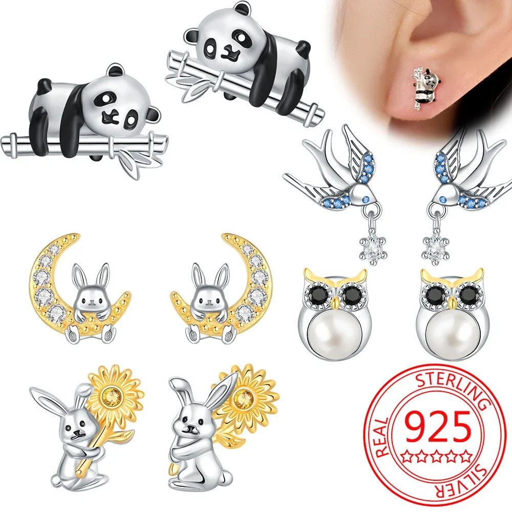 925 Sterling Silver Earrings Panda Owl Rabbit Hug Moon Aretes De Mujer Luxury Exquisite Jewelry Gift Earrings for Women