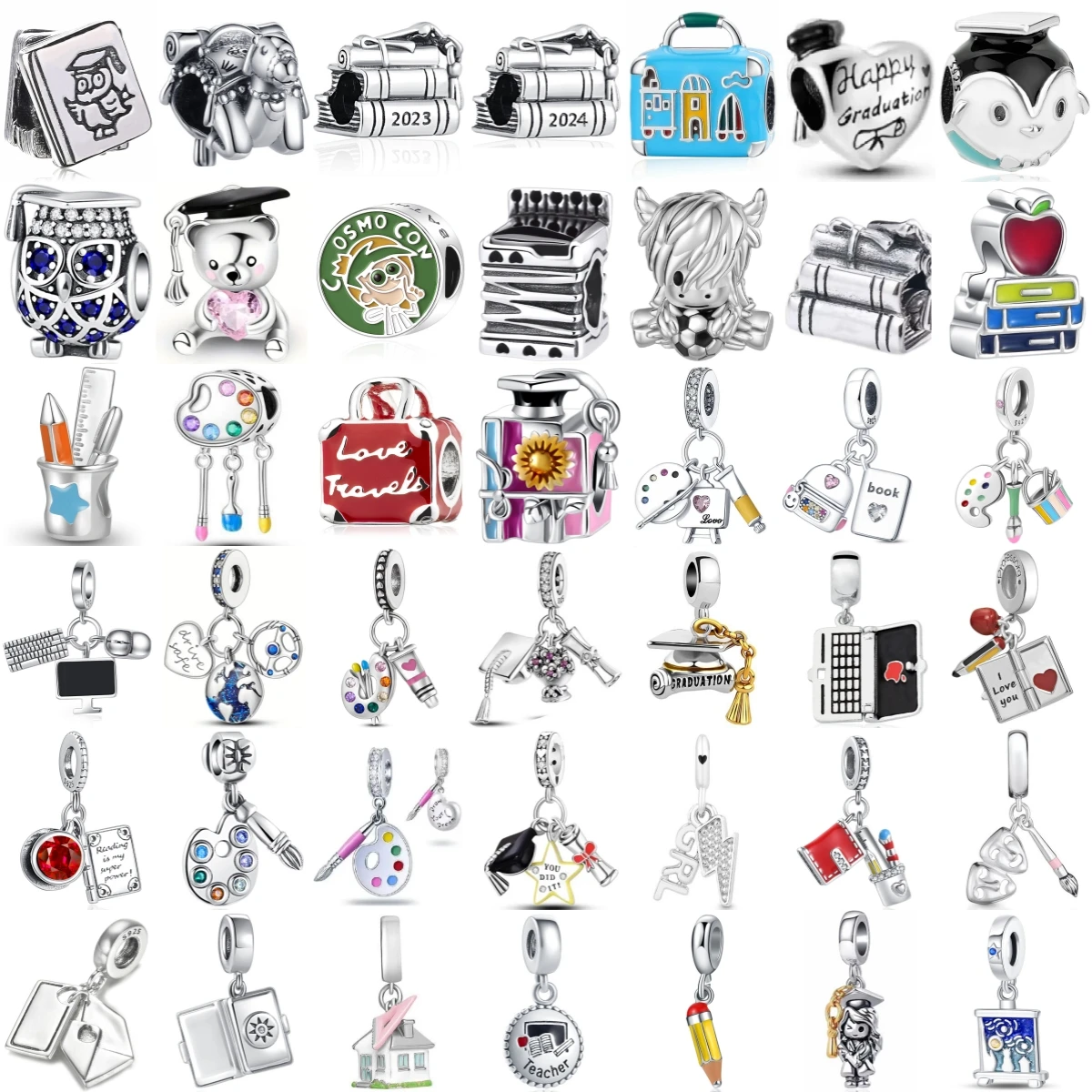 Breloques en argent sterling 925, perles pendantes en forme de livre et de crayon, thème remise de diplôme, enseignant, pour sac de voyage, bijoux, cadeau