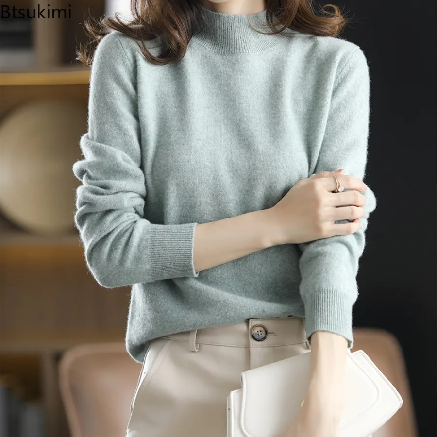 

2024 New Half High Collar Knitted Sweaters for Women Fashion Slim Casual Pullovers Women's Solid Bottoming Tops Knitwear Jumpers