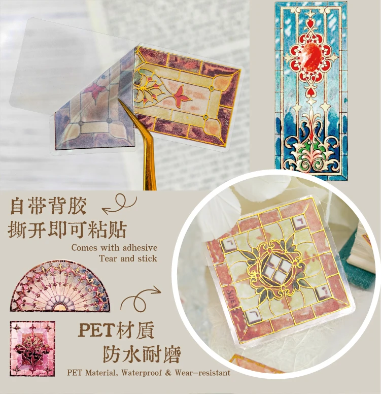 Journal GO 30 Stück Vintage wunderschöne florale Fliesen-Aufkleber mit Heißfolienprägung für Scrapbook-Karten, DIY, goldene geprägte Muster, Planer-Aufkleber – Detail 6