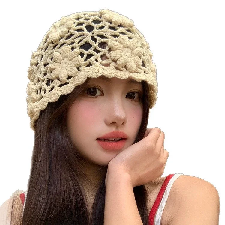 Hand-knitted Openwork Floral Beanie for Women: A Versatile, Retro-inspired Pull-over Hat Perfect for Spring and Summer
