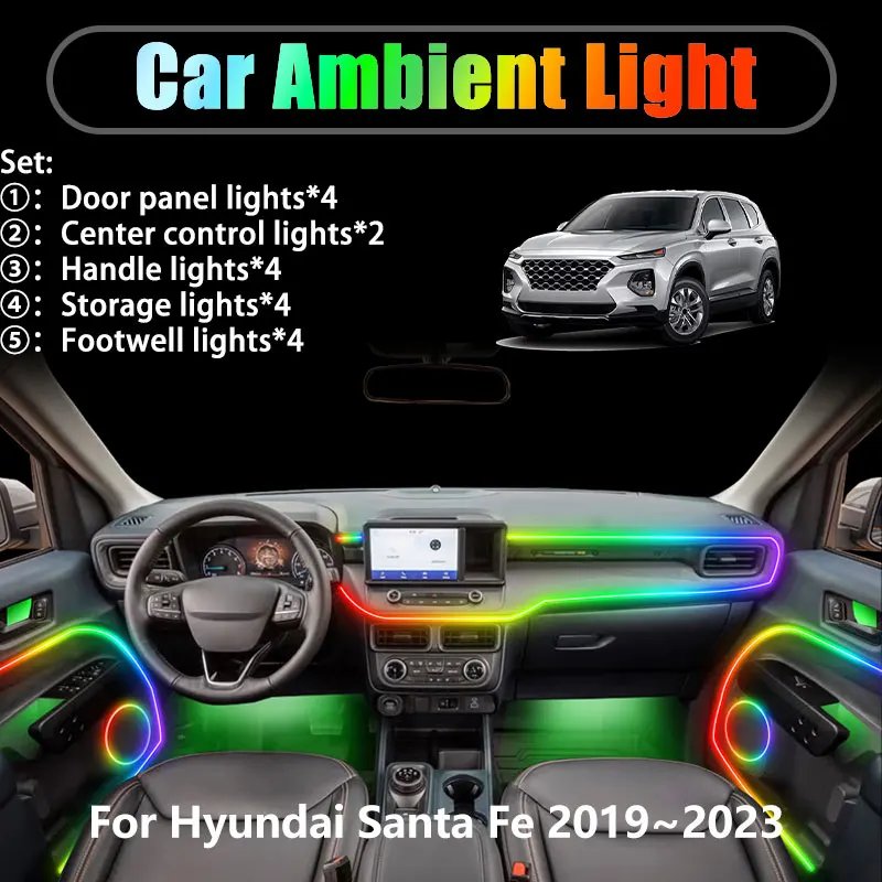 

Для Hyundai Santa Fe 2019 ~ 2023 TM 2/18 в 1, автомобильное окружающее освещение, светодиодные фонари для багажника, интерьерные светодиодные фонари USB RGB Ensemble Streamer Auto