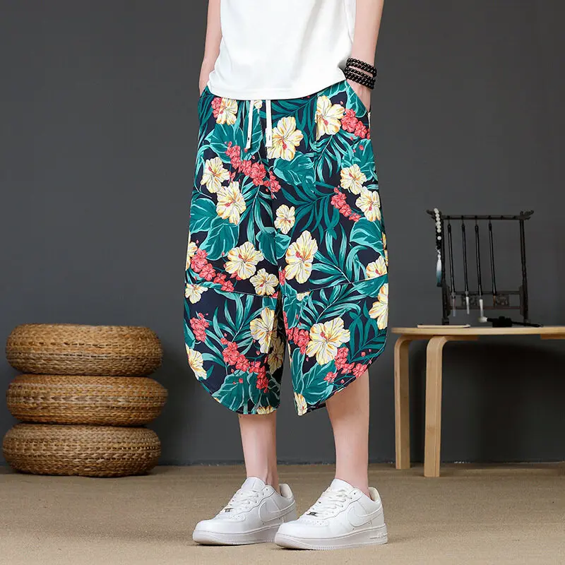 Men's Summer Beach Flower Shorts Thin Thai Radish Pants Drawstring Chinese Style Cropped Ice Silk Trendy Loose Casual Shorts