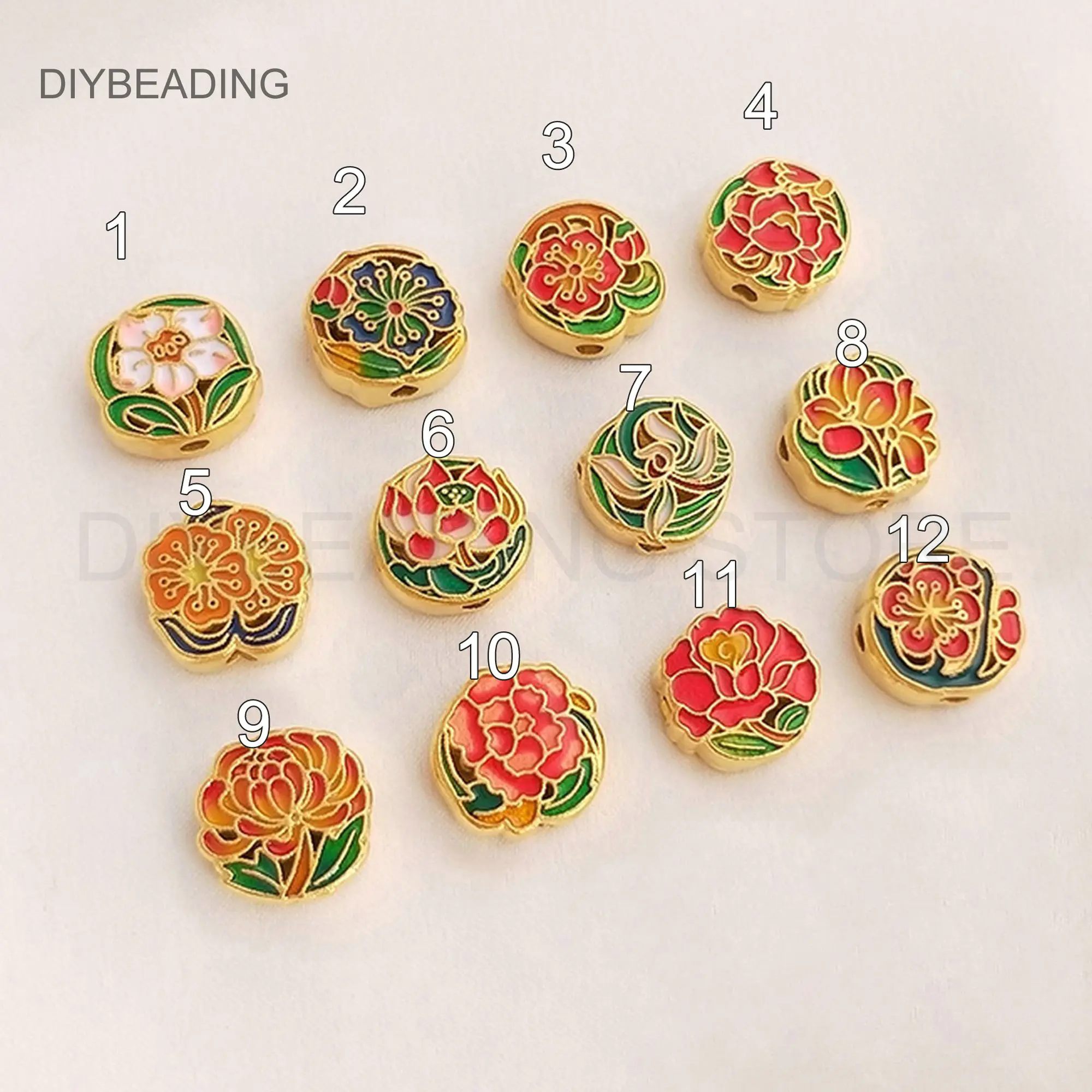 

Enamel Charms for Jewelry Making Gold Plated Chinese Style Ethnic Birth Flower Circle Spacer Coin Beads Bulk Wholesale