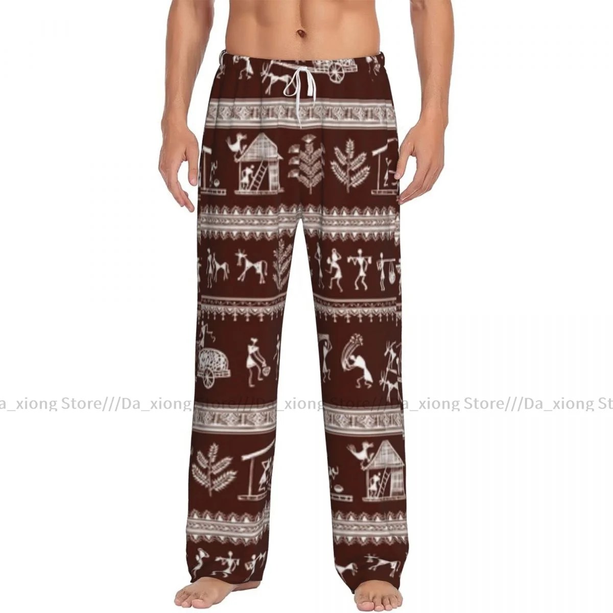 Mens Casual Pajama Long Pant Loose Elastic Waistband Warli Tribal Art Cozy Sleepwear Home Lounge Pants