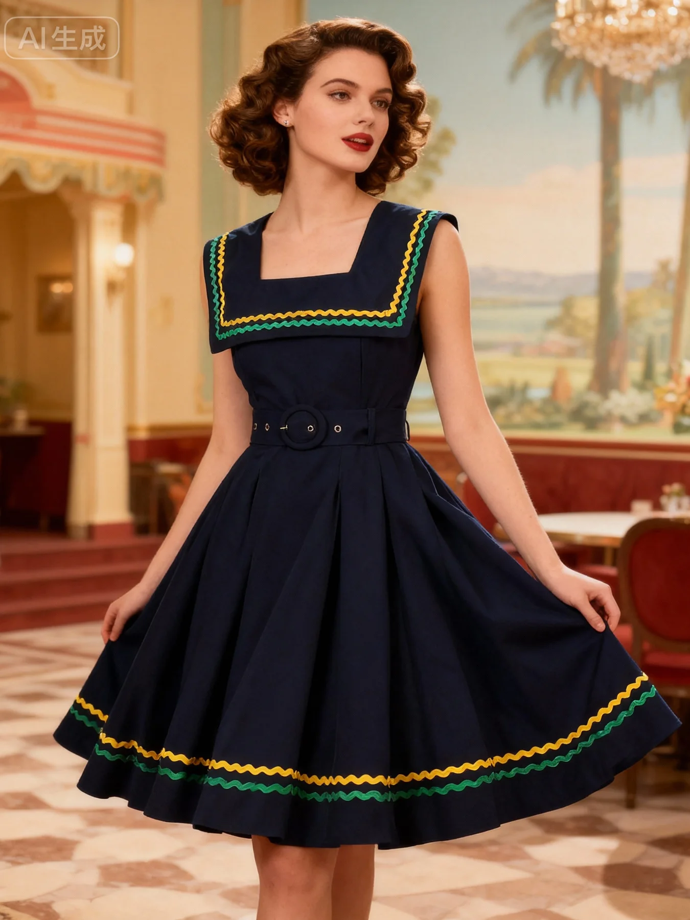 Tonval Contrast Webbing Square Neck Sleeveless Swing Pleated Women Dresses Summer Prom Birthday Party Vintage Swing Dress