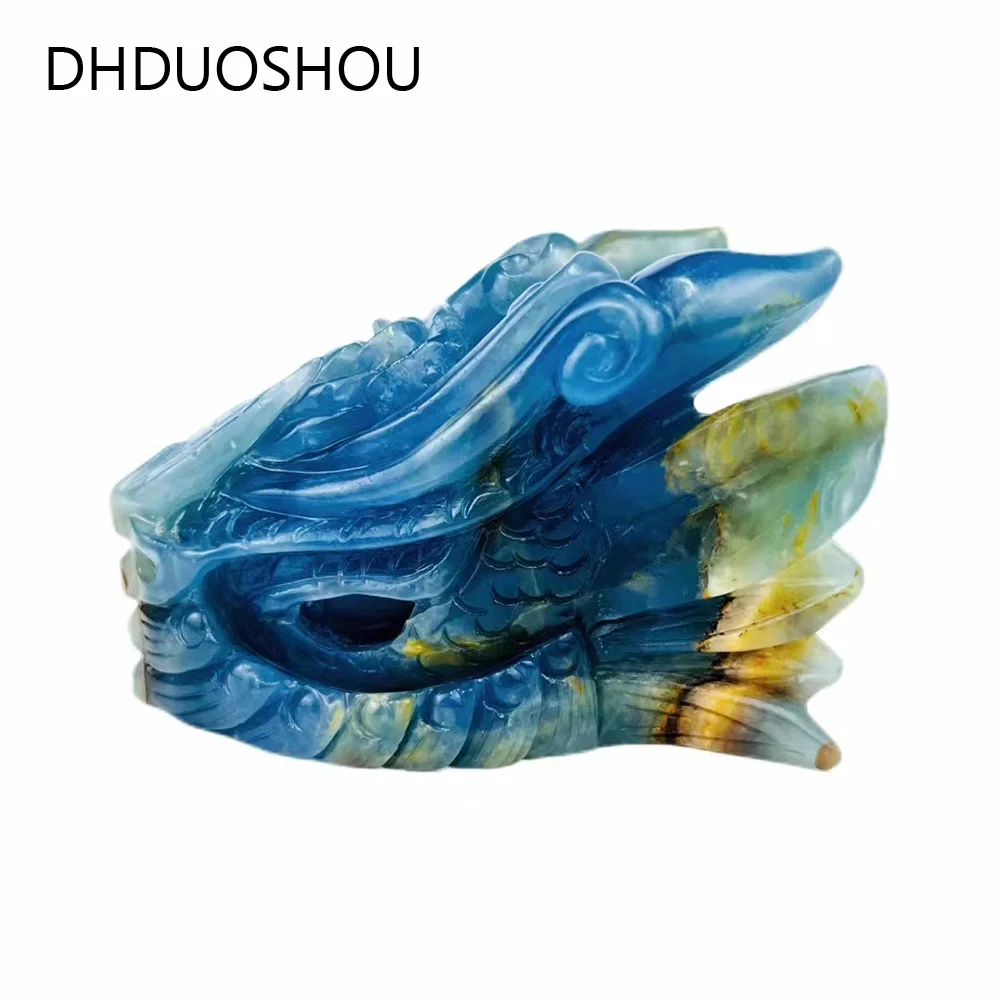 

Customized Natural Crystal Real Gemstone Animal Dragon Skulls Head Carving Sculpture Blue Onyx For Collection Home Decor Gifts