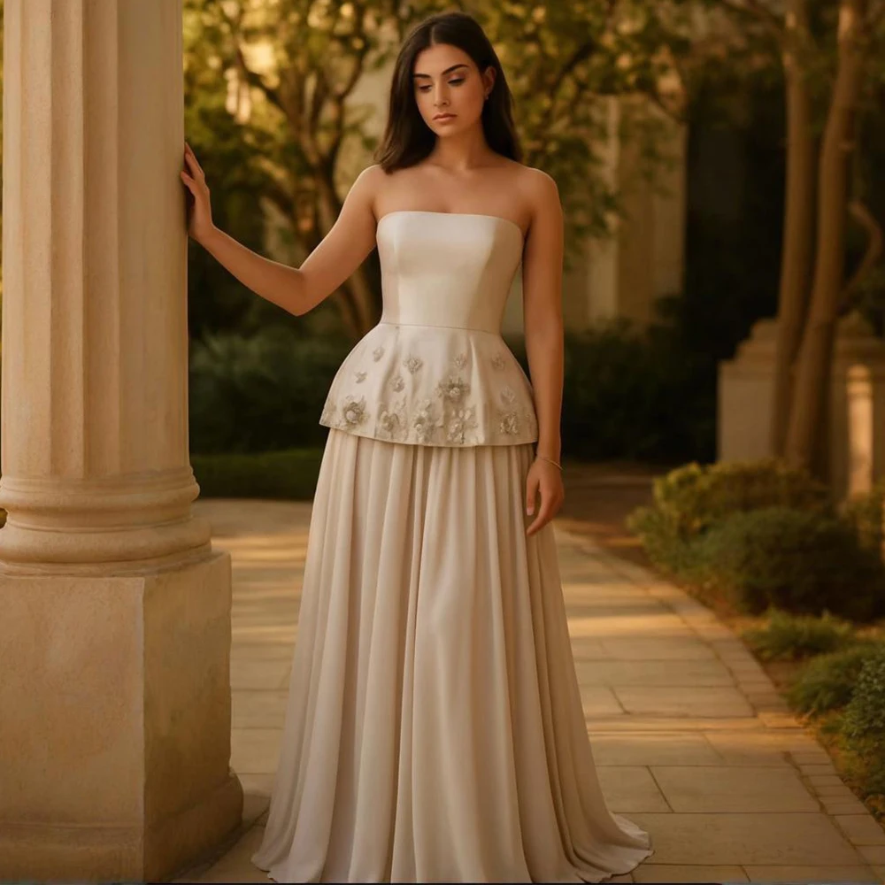 

Customized Elegant Wedding Guest Dresses for Women Strapless Flowers Modern Evening Gowns Long Ruched A Line Formal Party Dress