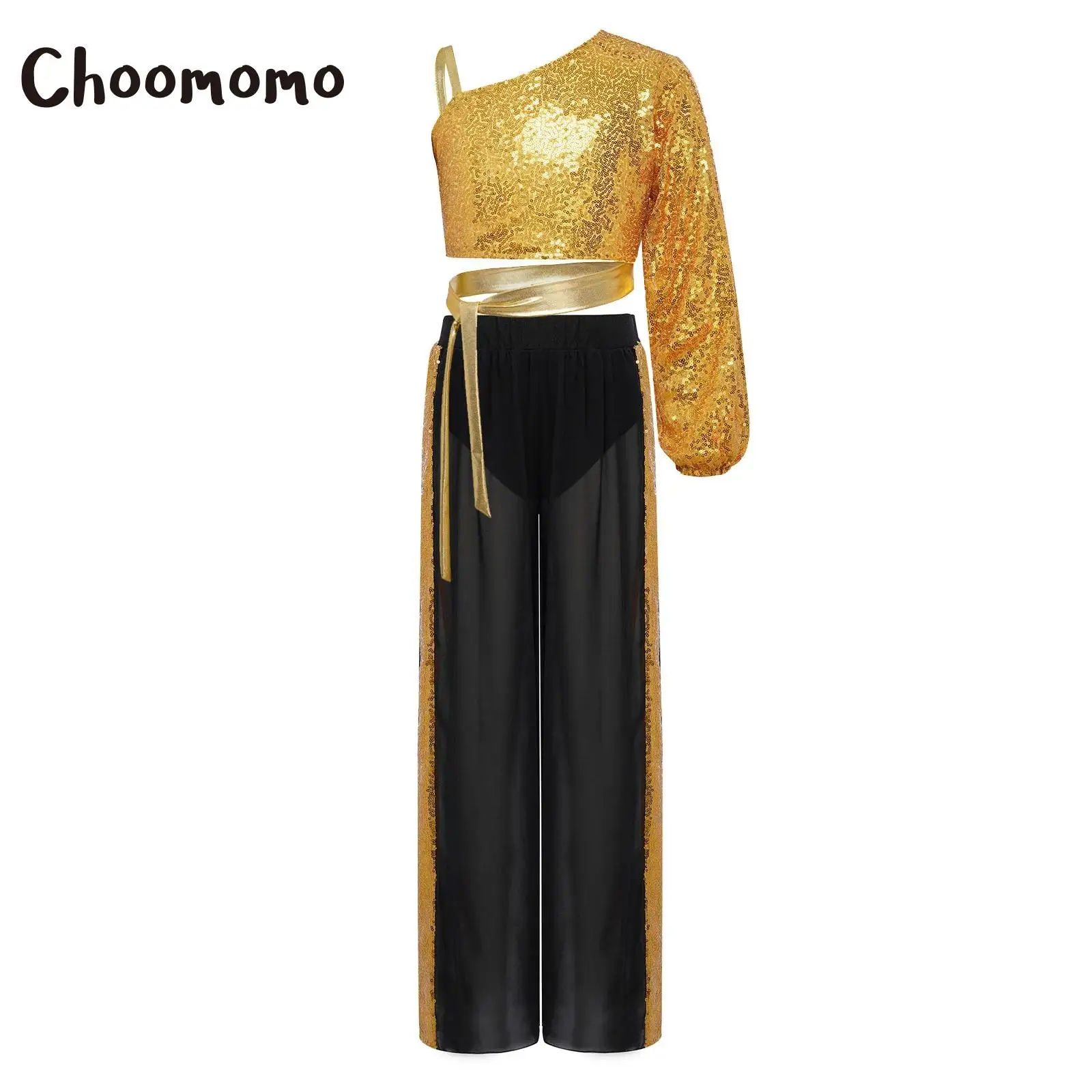

Girls Shiny Sequins Lyrical Dance Outfit One Shoulder Long Sleeve Side Crop Top And Chiffon Wide-Leg Pants Ballet Jazz Dancewear