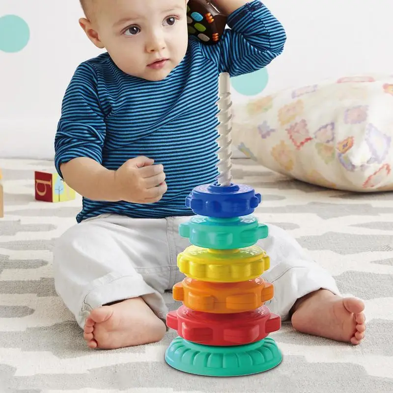 Brinquedos educativos empilhamento para criança, Stack e Spin Toy, Rainbow Ring Stacker, Aprendizagem Sensorial