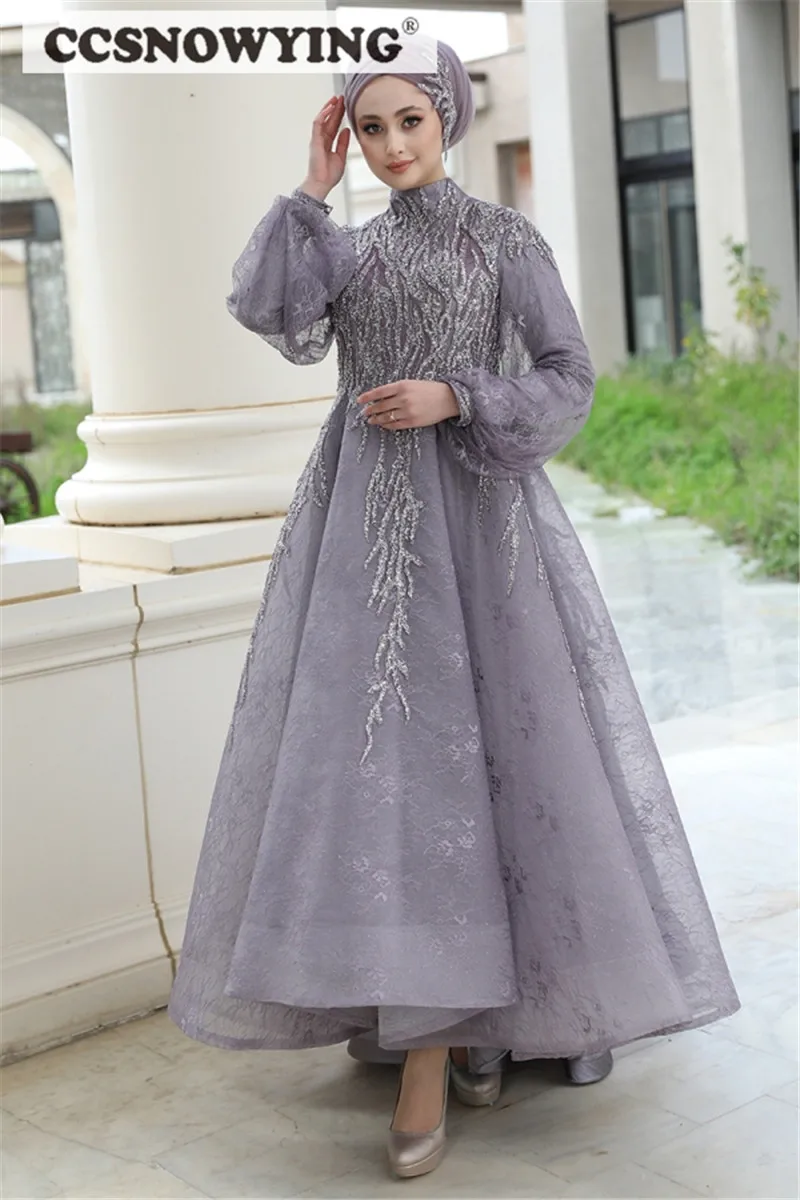 Lace Beaded Muslim Hijab Evening Dresses Long Sleeve Islamic Prom Dress Women Formal Party Gown Arabic Dubai Robe De Soiree