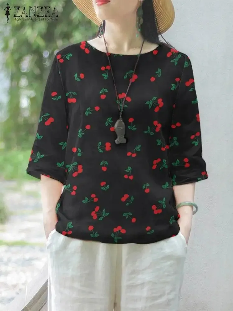 ZANZEA Casual Loose Holiday Korean Blusas Women Cherry Printed Shirt Fashion 3/4 Sleeve Tops Vintage Round Neck Simple Tunics