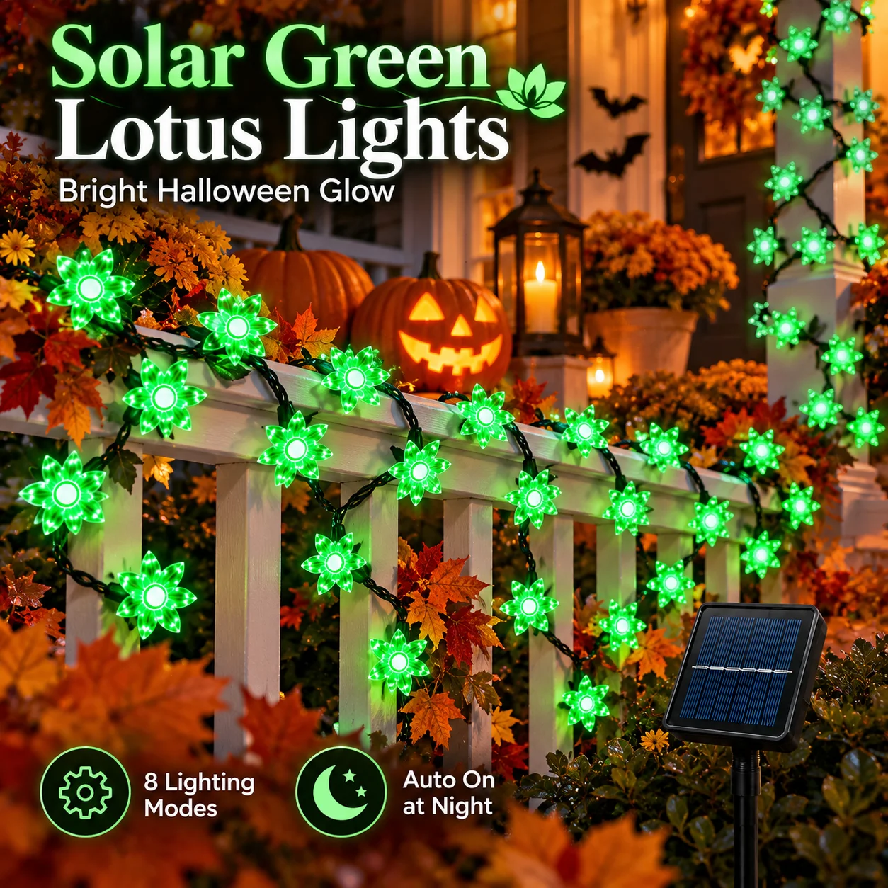 Halloween Garden Lights Solar Lotus Flower Fairy Lights 20/50/100LED 8 Modes Auto On for Yard Patio Fence Tree Party Spooky Deco